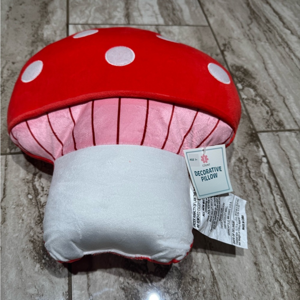 New Red, White and Pink Mushroom Decorative Pillow. Approx 13” kids toss pillow